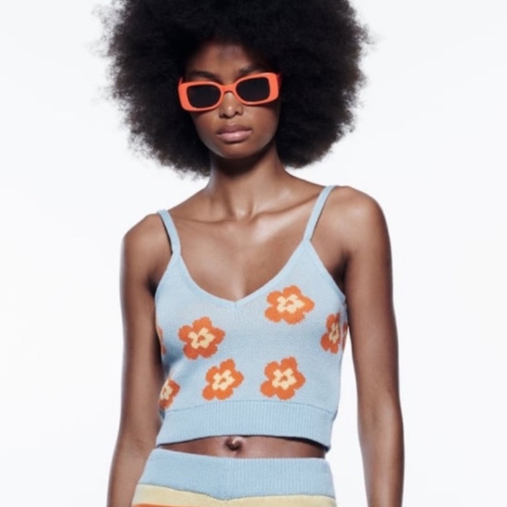 Floral Knit Crop Top - Blue and Orange
